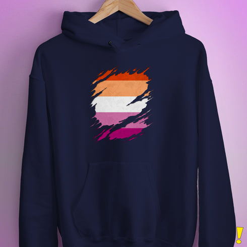 Lesbian Pride Flag Ripped Reveal Hoodie - Navy